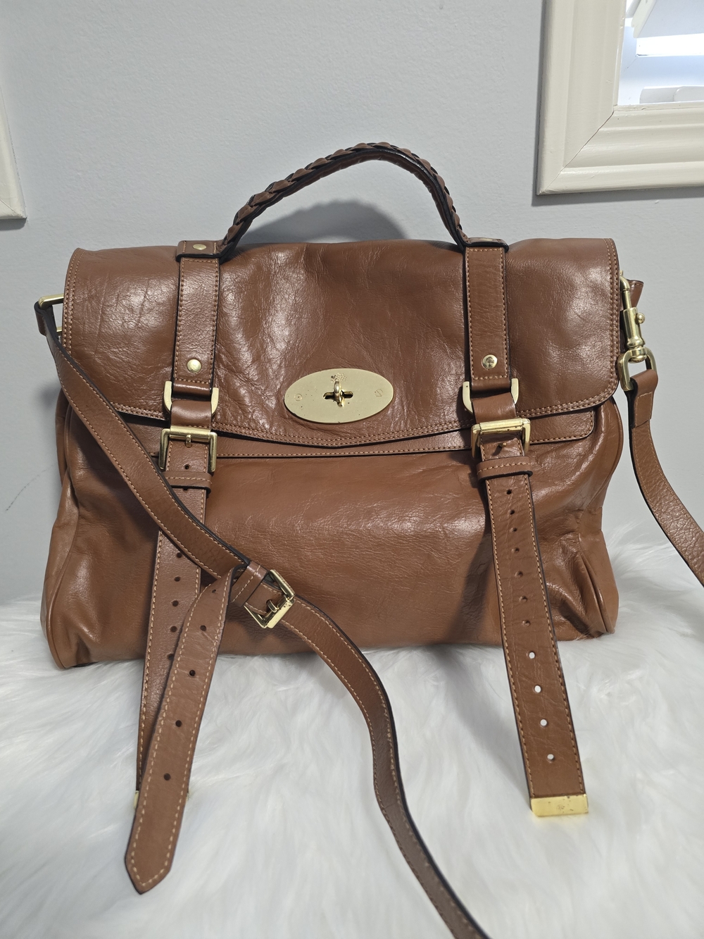Mulberry Alexa Brown Leather Satchel with Gold Tone Hardware
